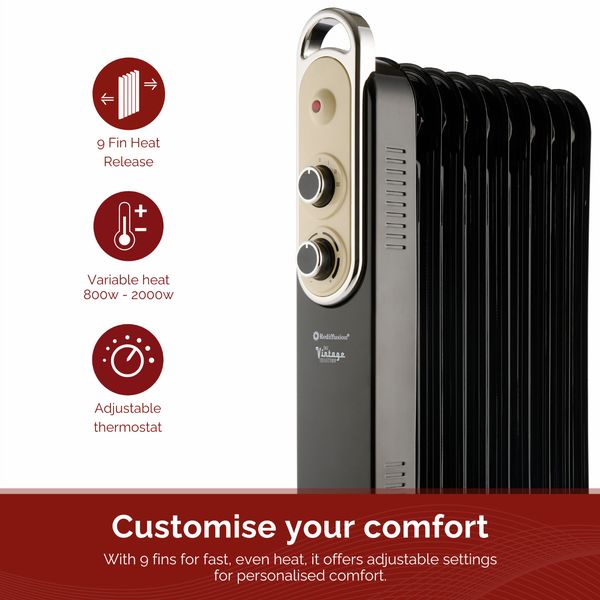 Rediffusion Vintage 9 Fin Oil Filled Radiator Black