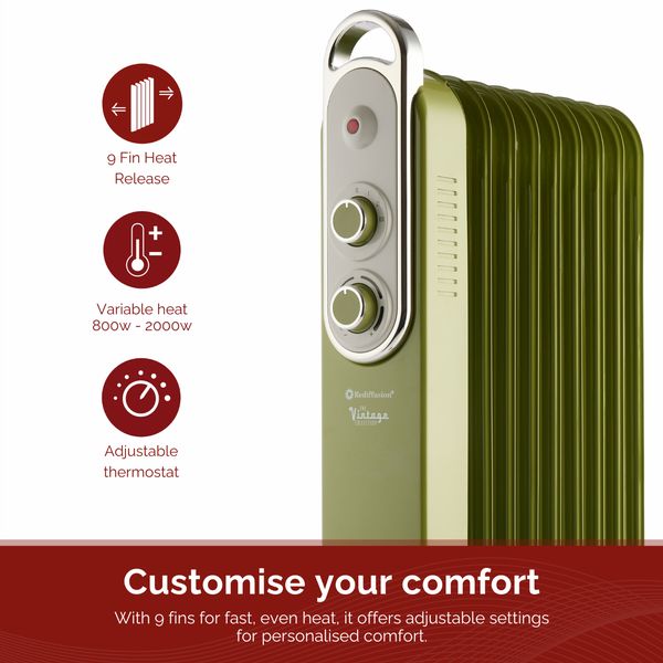 Rediffusion Vintage 9 Fin Oil Filled Radiator Green